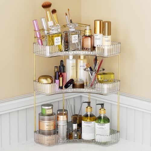EUHOME 3-Tier Corner Bathroom Counter Organizer Makeup Cosmetic Storage, Tool-Free Installation Acrylic Vanity Shelf, Countertop Storage Organizers Perfume Tray for Bathroom, Dresser, Kitchen (Clear) - color: Clear, size: 9" x 9" x 20.5"