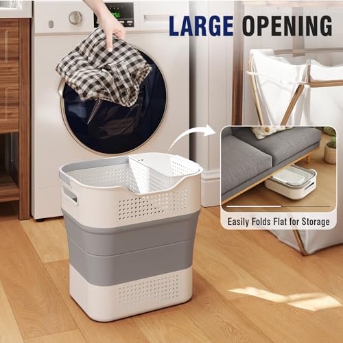 TECHMILLY Collapsible Plastic Laundry Basket Hamper with Handles, 35L Portable Rubber Clothes Basket, Pop Up Storage Container/Organizer with Hanging basket for Washing & Storage, Grey - color: Grey, size: 35L