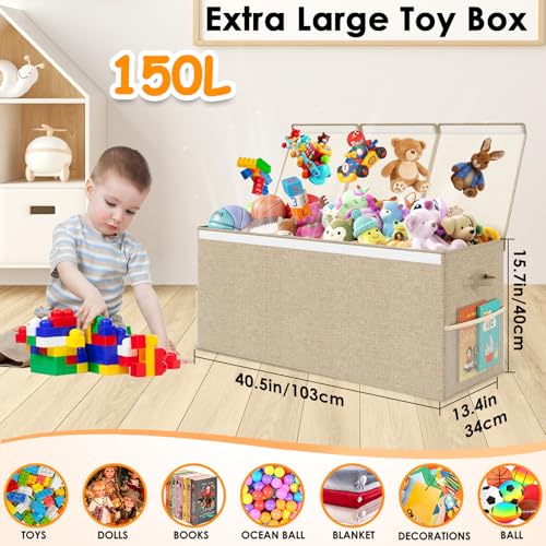 Extra Large Toy Box Chest with Lid, Kids Toy Storage Organizer for Boys Girls, Big Toy Bin Basket Extra Large Toy Storage Box for Living Room Playroom Nursery (40" x14" x16") - color: Beige