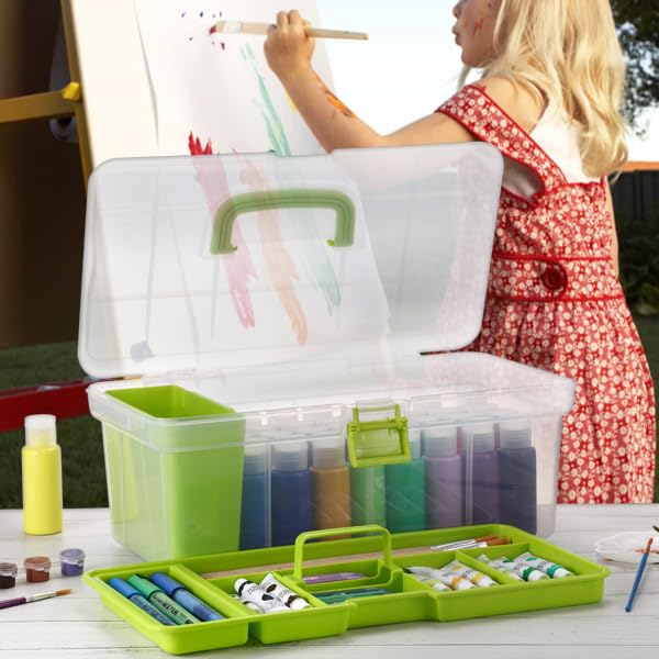 JUXYES Plastic Clear Craft Paint Bottle Storage Box with Divided Tray and Cleaning Cup, Portable Acrylic Paint Storage Organizer Case with Lid, Storage 36 Bottles of 2 fl. oz Acrylic Paints, Green - color: Green