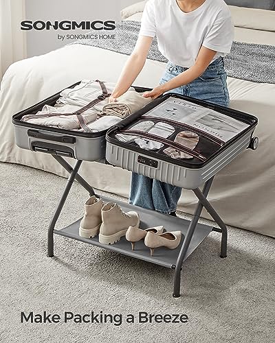 SONGMICS Luggage Racks, Set of 2, Suitcase Stand with Fabric Storage Shelf, for Guest Room, Bedroom, Hotel, Foldable, Holds up to 110 lb, 27.2 x 15 x 20.5 Inches, Slate Gray URLR002G02 - color: Slate Gray, style: with Shelf