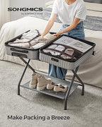 SONGMICS Luggage Racks, Set of 2, Suitcase Stand with Fabric Storage Shelf, for Guest Room, Bedroom, Hotel, Foldable, Holds up to 110 lb, 27.2 x 15 x 20.5 Inches, Slate Gray URLR002G02 - color: Slate Gray, style: with Shelf