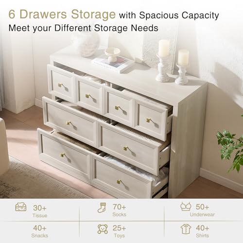 6 Drawers Dresser for Bedroom-46.5" Wide Wooden Chest of Drawers with Large Storage, Long Dresser TV Stand with Drawers, Farmhouse Closet Dressers for Living Room Bedroom, Grey White - color: Beige, size: 15.5"D x 46.5"W x 33.6"H (6 Drawers)