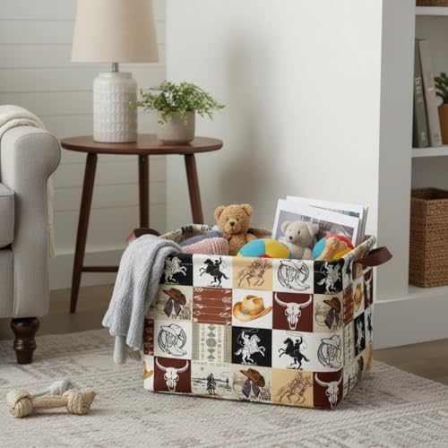 Western Cowboy Storage Basket Waterproof Canvas Toy Storage Bin Western Home Decor Collapsible Outdoor Basket with Leather Handles Western Decor Blanket Baskets For Closets,Bedrooms,Gifts Baskets - color: Western Cowboy