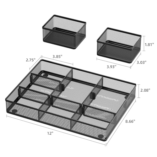 Marbrasse 3 Packs Desk Drawer Organizers, Metal Mesh Dividers Desk Drawer Organizer Tray with 9 Adjustable Compartments, Pen Organizer for Drawer Tray Box Accessories for Desktop,Kitchen, Makeup - color: Black Drawer Organizer