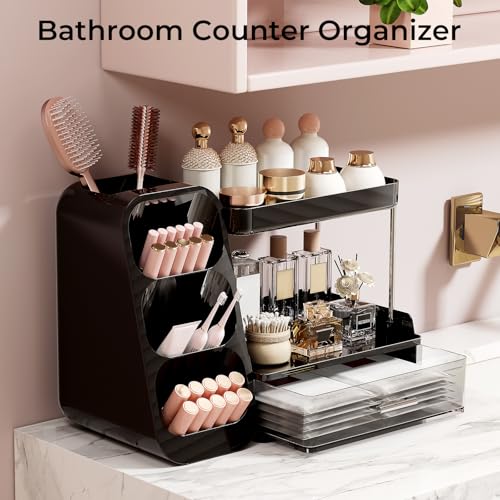 Makeup Organizer for Vanity with Brush Holder, 2 Tiers Countertop Skincare, Cologne Organizer and Perfume Stand for Men Bathroom Vanity, Large Capacity Makeup Storage, Black - color: Black+Clear, size: Large