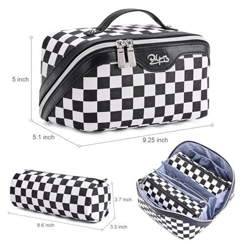 BOYATU Travel Makeup Bag Cosmetic Bags for Women: Large Make up Bags Set of 3 - Portable Makeup Organizer with Compartments&Handle&Divider - Waterproof PU Leather Toiletry Bag(A-5-Checkered Mix Black) - color: A-911-Checkered Mix Black
