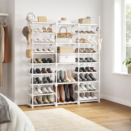 WOWLIVE 9 Tiers Large Shoe Rack White Shoe Rack Organizer for Closet 50-55 Pairs Stackable Heavy Duty Shoe Shelf Shoe Storage with Metal Pipes Plastic Connectors - color: White, size: 3 Row 9 Tier