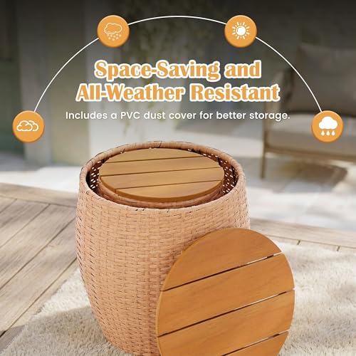 Sundale Outdoor Side Table Set of 2, Wicker Round Patio Barrel Side Tables with Storage Basket, Rattan End Table for Patio, Porch, Poolside, Garden Stool, Lounge Chair