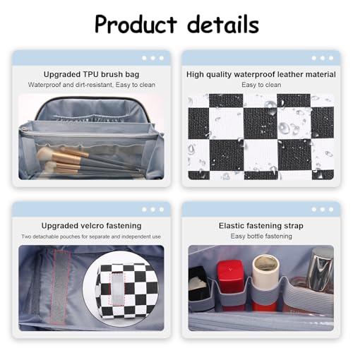 BOYATU Travel Makeup Bag Cosmetic Bags for Women: Large Make up Bags Set of 3 - Portable Makeup Organizer with Compartments&Handle&Divider - Waterproof PU Leather Toiletry Bag(A-5-Checkered Mix Black) - color: A-911-Checkered Mix Black