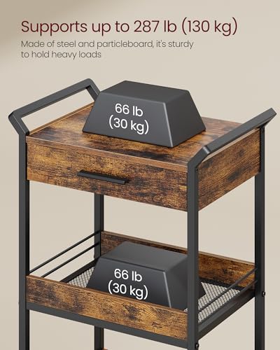 VASAGLE Storage Cart, 4-Tier Rolling Utility Cart with Table Top, Handles, 4 Lockable Casters, Top Drawer, Mesh Shelves, for Kitchen, Bathroom, Bedroom, Rustic Brown and Ink Black ULRC049K01 - color: Rustic Brown + Ink Black, size: 4 Tiers (37.8"H )