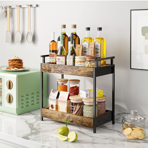 KLM Countertop Coffee Station Organizer, 2 Tier Wooden Shelf for Coffee Bar Accessories, Condiment Storage Caddy for Kitchen, Bathroom Counter Organizer, Home, Office - Brown - color: Rustic Brown