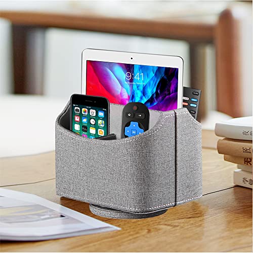 Fanousy 360° Rotating Remote Control Holder, PU Leather TV Remote Caddy Organizer Basket Storage Box with 5 Compartments for Pen, Pencil, Art Supplies, Makeup Brush, Office Desk Table Accessories - color: Grey cloth