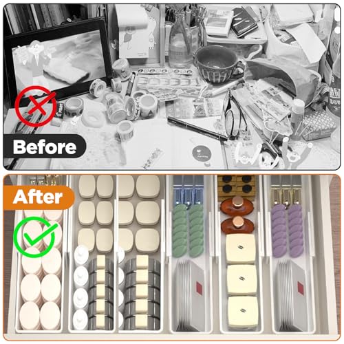 4 PCS Expandable Drawer Organizer, Adjustable Drawer Organizer Trays, Drawers Dividers Organizers and Storage For Office Supplies, Pens, Makeup,Utensils, Tools, Flatware and Junks, White