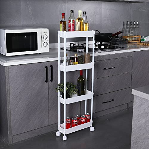 Sooyee 4 Tier Slim Storage Cart Mobile Shelving Unit Organizer Slide Out Storage Rolling Utility Cart Tower Rack for Kitchen Bathroom Laundry Narrow Places, Plastic & Stainless Steel,White - color: White, size: Slim