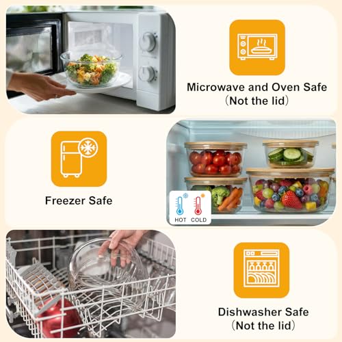 Blushtier 4 Pack 44/32/ 21/14 oz Borosilicate Glass Food Containers with Bamboo Lids, Stackable Glass Bowls for Meal Prep & Lunch, Microwave, Freezer and Dishwasher Safe - size: 44/ 32/ 21/ 14 oz