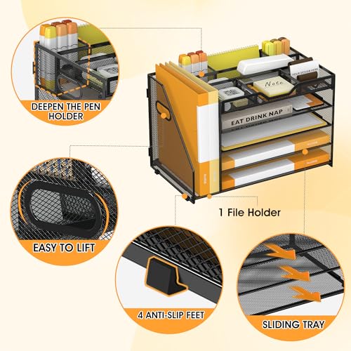5 Tier Paper Letter Tray with File Holder and 3 Drop-in Pen Holders, Mesh Desk File Organizer with Handle, Desk Organizers and Accessories for School,Home, Office Supplies Storage-Black - color: Black, size: 15.4" x 9.1" x 10.3"