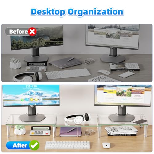 Simple Trending Dual Monitor Stand Riser, Computer Office Desktop Organizer for 2 Monitors with Tempered Glass, Adjustable Length and Angle Stand for Laptop,Printer,TV - size: 41.5 x 9.5 x 5 inches