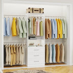 5–9FT Closet System with 3 Wood Drawers, Closet Organizer System with 5 Expandable Hanging Rods, Walk-in Closet System with Shelves, Wall Mounted Built-in Closet Organization System