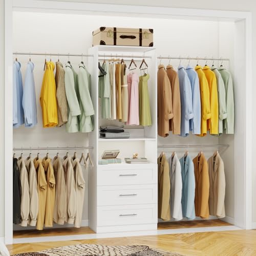 5–9FT Closet System with 3 Wood Drawers, Closet Organizer System with 5 Expandable Hanging Rods, Walk-in Closet System with Shelves, Wall Mounted Built-in Closet Organization System