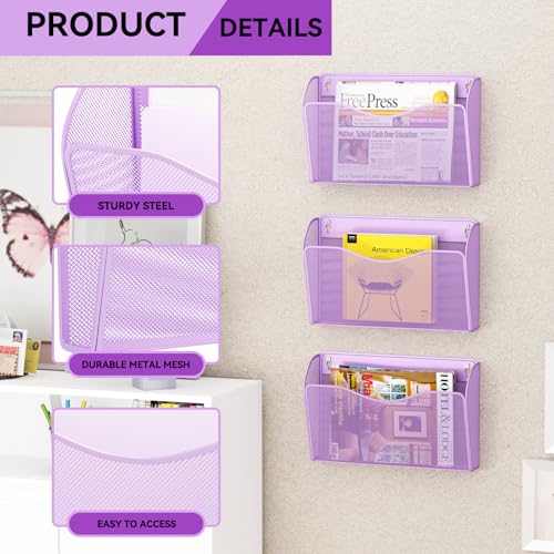 3 Single Pocket Wall File Holder, Mesh Hanging File Folder Paper Organizer, Vertical Wall Mounted Mail Basket, Storage Organization Magazine Rack for Office, Home and School, Light Purple - color: Light Purple, size: 3 Pack Wall Mounted