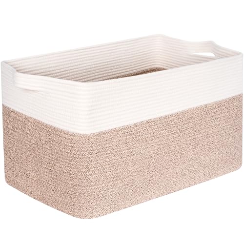 MINTWOOD Design 22in Extra Large Blanket Basket Holder Living Room, Rectangle Rope Woven Storage Basket with Handles for Laundry, Pool Towels, and Shoes, Dog Toy Organizer Bin Box, Light Brown - color: Light Brown