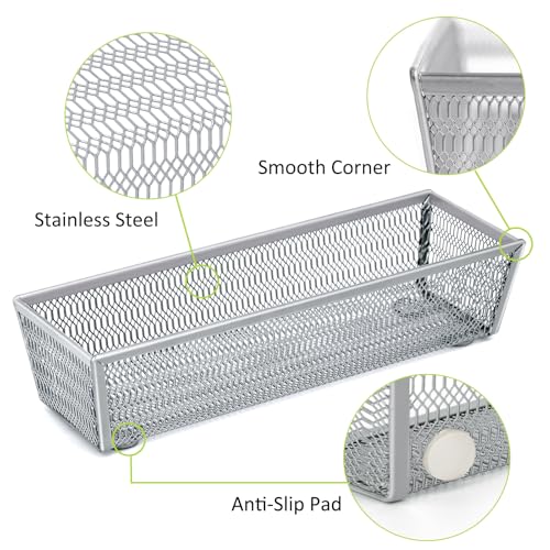 Neudeco Drawer Organizer Set 6 Pack - 5-Compartment Silverware Organizer Tray + 5 Utensil Trays, Kitchen Drawer Organizer for Flatware, Cutlery, Office Supplies, Silver Mesh, Non-Slip - color: Silver-6L pack