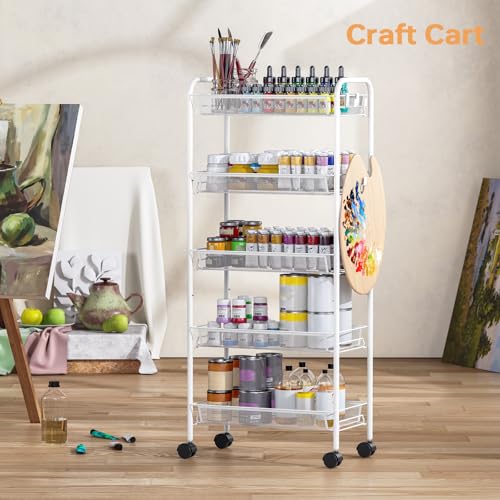 TOOLF 5-Tier Rolling Cart, Metal Utility Cart with 3 Hooks, Easy Assemble Mobile Storage Trolley On Wheels, Metal Shelving Units Kitchen Bathroom Laundry Room - color: White, size: 5-Tier