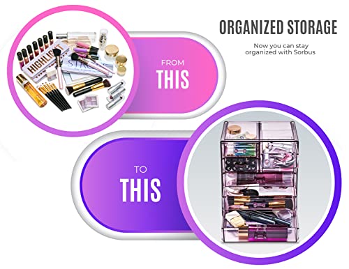 Sorbus Acrylic Makeup Organizer Set, 7-Drawer Vanity & Countertop Cosmetic Storage with Small & Wide Drawers, Purple Makeup Storage for Brushes, Lipsticks, Jewelry – Holiday Gift for Women & Teens - color: Purple, style: 3 Large, 4 Small Drawers
