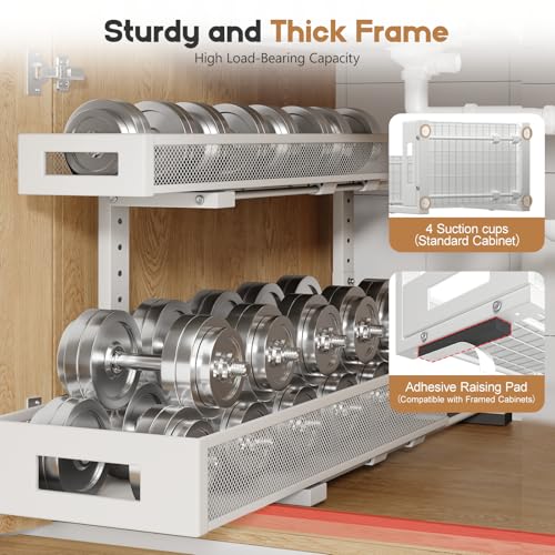 1 Pack 20.47IN Depth Under Sink Storage Organizer, Large 2-Tier Elegant Mesh Pull Out Shelf for Kitchen and Bathroom Cabinet Organization, L-Shaped and Adjustable Height Design-White - color: White, size: 1 Pack-20.47"Dx11.4"-16.14"H