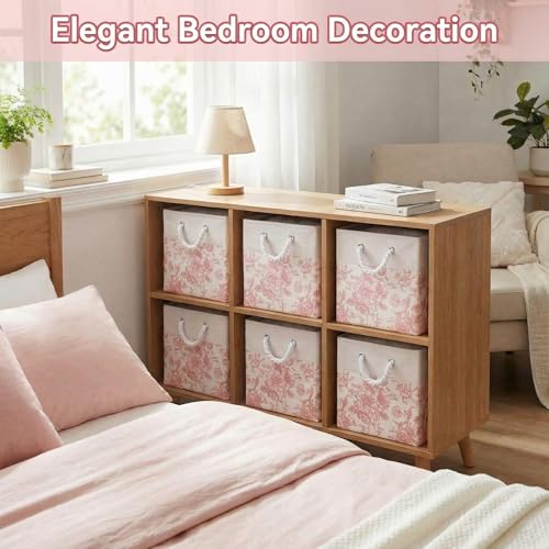 LemonRoad 6 Pcs Pink Floral Cube Storage Bins 11.22 Inch Square Storage Basket with Handle, Preppy Girls Organizer Basket, Collapsible Fabric Box for Classroom Bedrooms Office Home Decoration Gift - color: Pink, size: 11.22 Inch, style: Floral