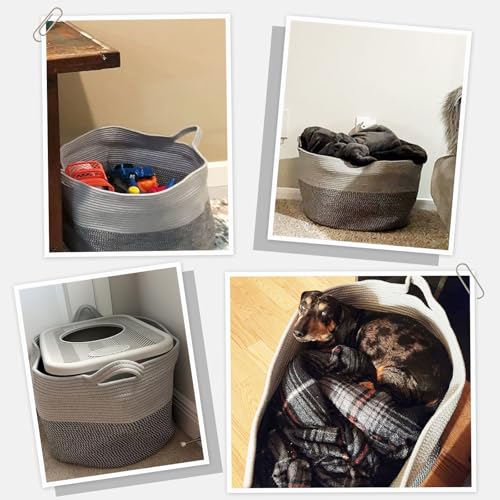 INDRESSME Extra Large Laundry Basket, Cotton Rope Blanket Basket for Nursery Living Room, Decorative Woven Storage Basket with Handles for Dirty Clothes, Toy Bin For Dog Toys, 21.7 x 13.8 inches, Grey - color: Light & Dark Grey, size: 21.7"D x 13.8"H