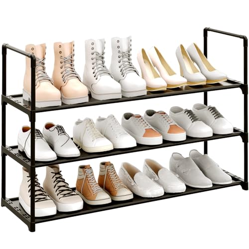 3-Tier Shoe Rack, Stores 12-15 Pairs of Shoes, Stackable & Adjustable, Space Saving Shelf Storage Organizer for Entryway, Hallway and Closet,Black