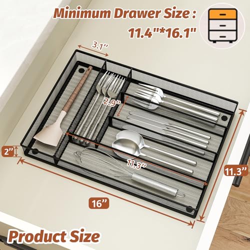 Sedegn Silverware Organizer Metal Mesh, Large Drawer Organizer, Utensil Cutlery Tray for kitchen drawers, Flatware Organizer with 6 Compartment, Black (11.3”*16“) - color: Black, size: 11.3”*16"