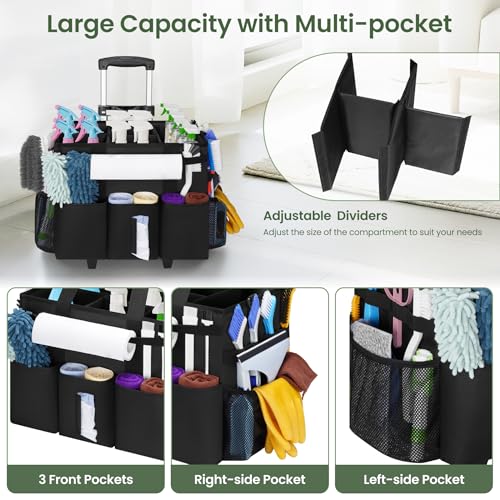 Large Rolling Cleaning Caddy with Detachable Trolley, Cleaning Supply Organizer Bag with Wheels & Multi-Pockets, Water-Resistant Cleaning Cart on Wheels for Housekeeping, Cleaner