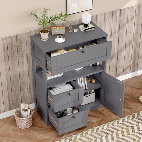 GRUSIGN Bathroom Cabinet, Modern Bathroom Floor Storage Cabinet Organizer with 1 Door and 3 Drawers, Freestanding Cupboard for Kitchen/Living Room Use - color: Grey