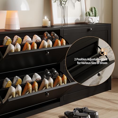 VOWNER Shoe Cabinet with 2 Flip Drawers, Freestanding Shoe Storage Cabinet with Adjustable Shelf & Anti-Tipping Device, Shoe Rack for Entryway, Hallway, Living Room (Black) - color: Black