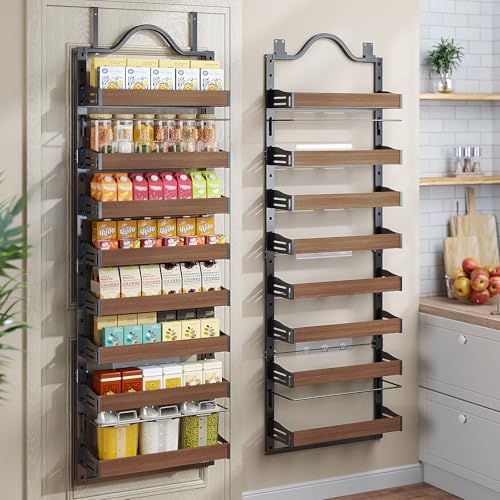 8-Tier Spice Rack Wall Mount, Heavy-Duty Over the Door Pantry Organizer with Wooden Adjustable Basket, 2 IN 1 Wall Mount or Hanging Pantry Door Organizer,Door Spice Rack for Pantry, Black - color: Black