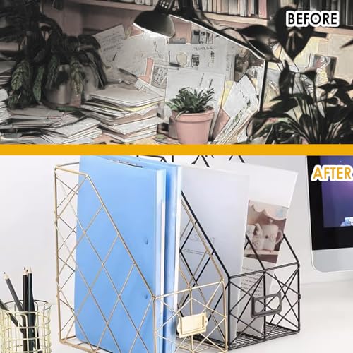 Modern Geometric Metal File Organizer for Desk, 8"×10"×12" Iron Mesh Magazine Holder, Desktop Document Rack Storage for Office Supplies, Vertical Book Stand File Folder Rack (Black) - color: Black