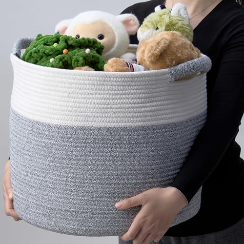 Blanket Basket - Woven Round Rope Storage Basket (16"Wx14"H) for Blankets & Throws, Small Laundry & Toy Organizer, Decorative Living Room & Bedroom Cotton Basket - White & Gray - color: White & Gray, size: Regular-16"Wx14"H