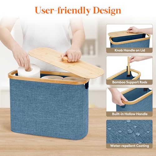 Lifewit Toilet Paper Storage Holder for 9 to 12 Rolls, Free Standing Toilet Paper Basket Stand with Bamboo Lid, Collapsible Fabric Bathroom Organizer Box for Mega Rolls, 23L, Large, Dark Blue - color: Dark Blue, size: 23L