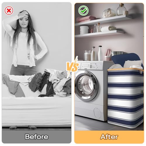 BALEINE Laundry Hamper with Lid, Tall Laundry Baskets with Bamboo Pull Handles, Large Laundry Bin with Internal Support (18 Gal/70L, Blue Stripe) - color: Blue Stripe, size: 70 liters