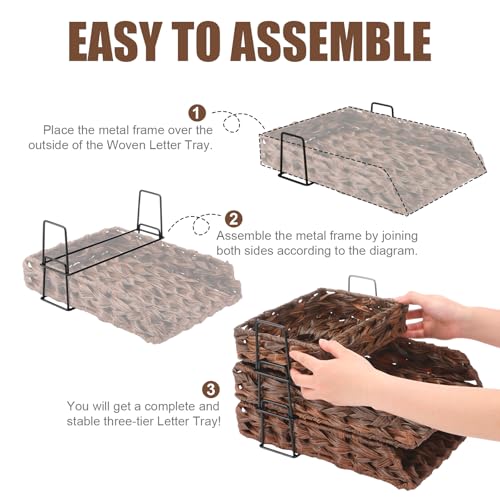 Geelin 3 Pack Water Hyacinth Woven Stackable Desk Organizer Letter Tray, Brown Tabletop Desk Basket for Storage Paper Letter Folders Notebooks Copy Print, Workspace Holder - color: Brown