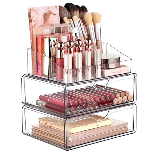 Vtopmart 3 Tier Clear Makeup Organizer with Drawer, Cosmetic Storage for Dresser Countertop and Bathroom Vanity, Beauty Holder for Lipstick Brush Skincare - style: 3 Tier