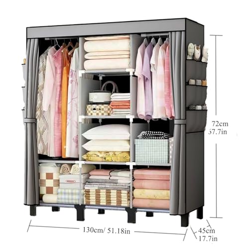 Portable Wardrobe, Easy Hanging Closet 6 Side Pockets Large Capacity Clothes Organizer Comes with 2 Hanging Poles and Shelves, Width 130cm, Depth 45cm, Height 172cm (Grey) - color: Grey
