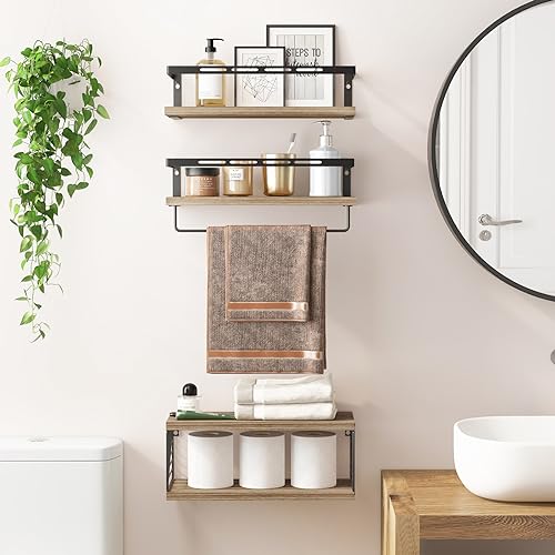 Fixwal Bathroom Shelves Over Toilet, Floating Shelves Wall Mounted with Metal Frame and Towel Bar for Bathroom, Kitchen, Bedroom, Living Room (3 Plus 1 Rustic Brown) - color: 1-rustic Brown