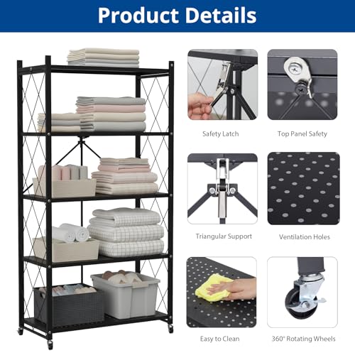5 Tier Foldable Storage Shelf with Wheels, Heavy-Duty Metal Shelving Unit, No Assembly Book Shelf Rolling Storage Rack for Garage, Kitchen, Pantry, Closet, Exhibition, Office Decor, Black - size: 5-Tier