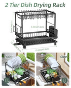 Dish Drying Rack, 2 Tier Space-Saving Dish Rack, Multifunctional Dish Drainer for Kitchen Counter with Drainboard/Utensil/Cup Holder Rustproof Carbon Steel, Black - color: Black