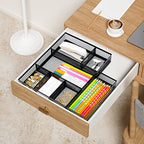 Neudeco Desk Drawer Organizer with 6 Adjustable Dividers, Metal Mesh Pen Organizer for Desk Drawer, Office Supplies Tray (Pack of 4, Black)