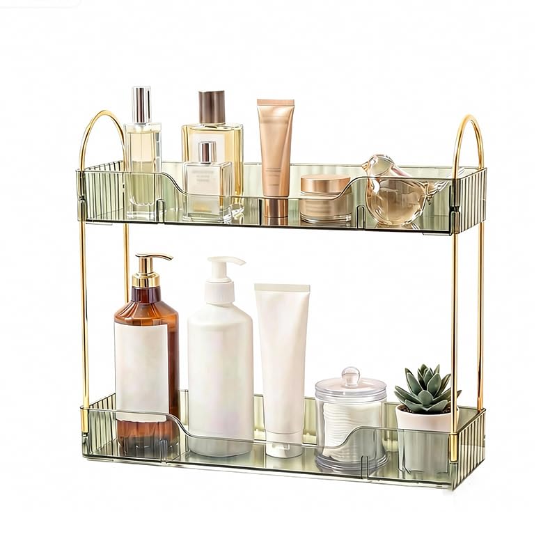 Bathroom Countertop Organizer, 2-Tier Slim Vanity Storage Rack for Bathroom Sink, Narrow Counter Organizer for Toiletries Skincare Perfume with Green Plastic Trays - color: Green